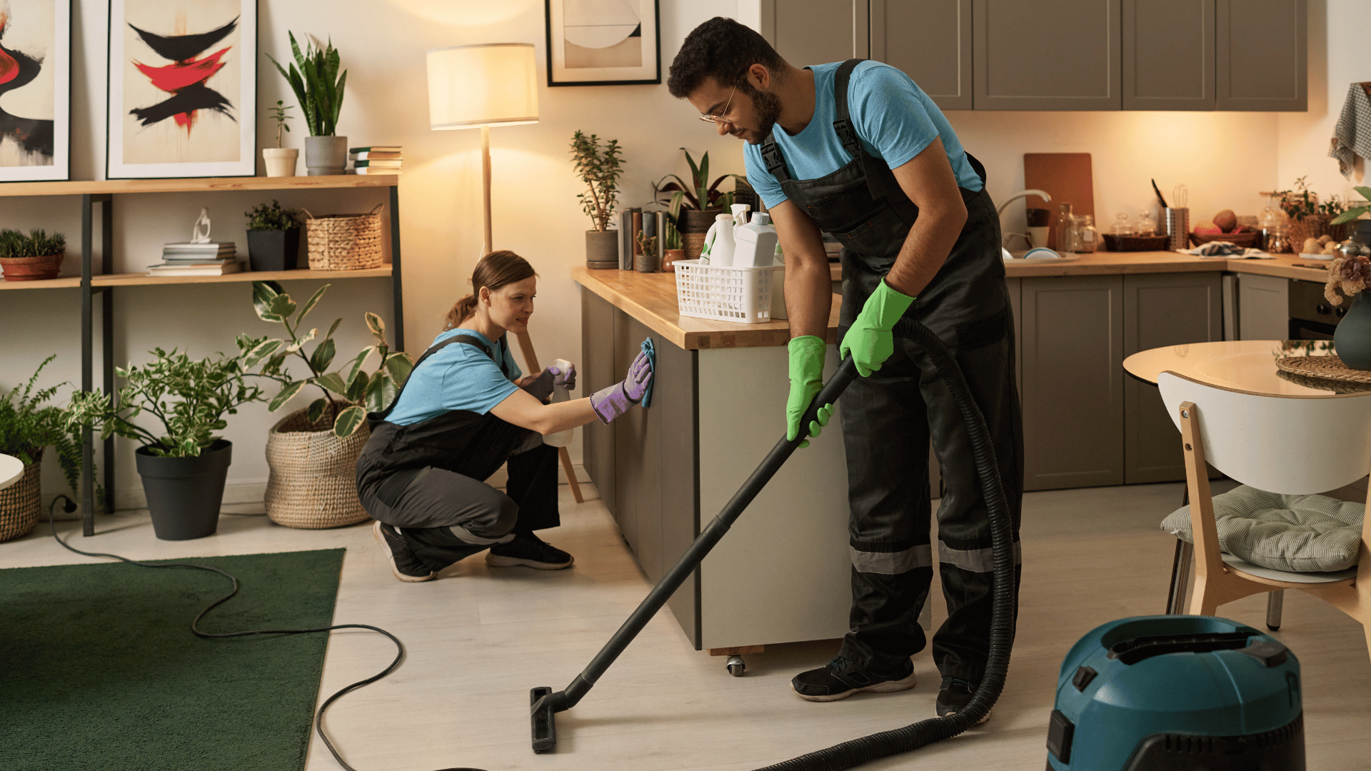 Home cleaning team vacuuming before surface sanitation
