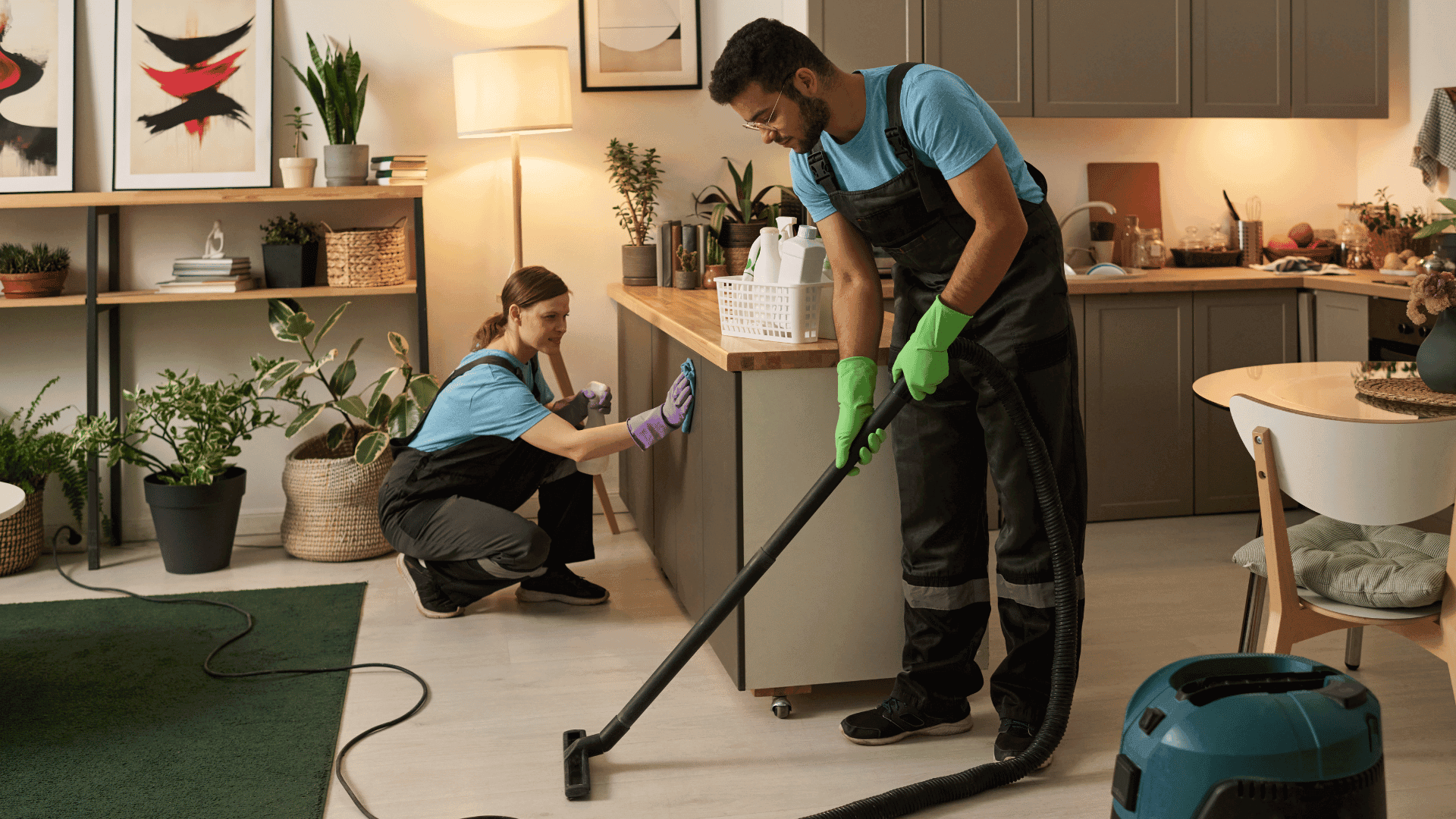 Home cleaning team vacuuming before surface sanitation