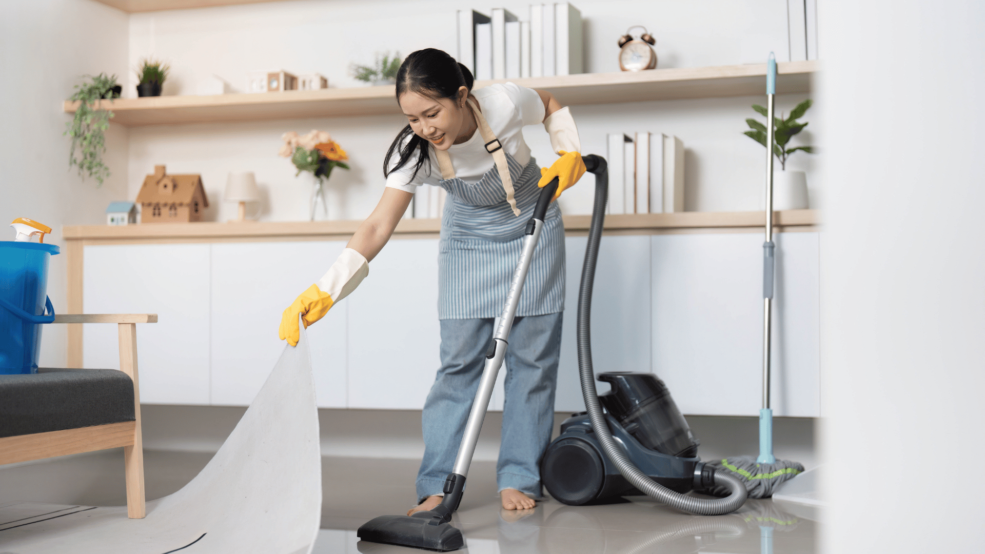 Finished home cleaning area with supplies cleared and surfaces checked