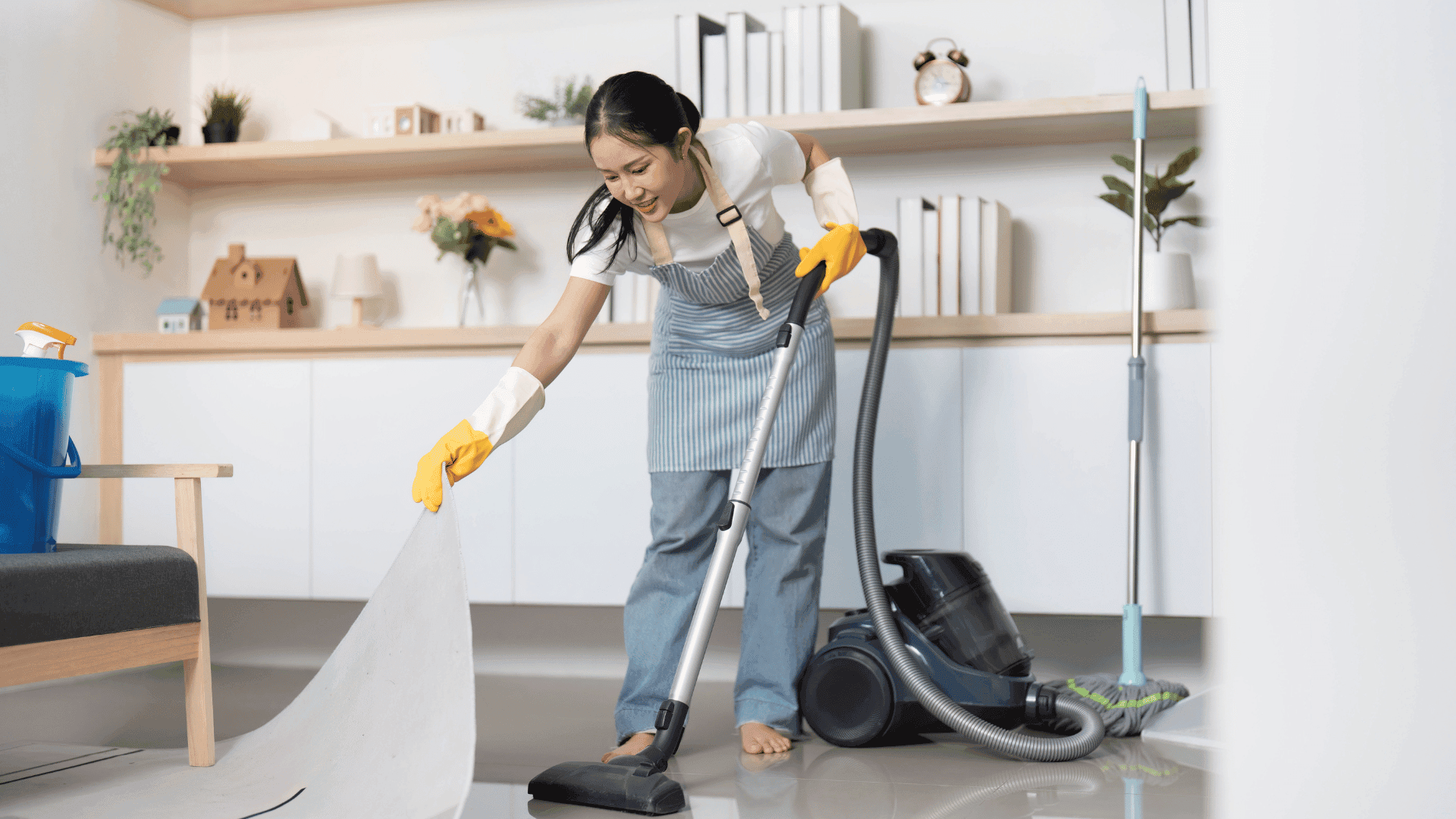 Finished home cleaning area with supplies cleared and surfaces checked